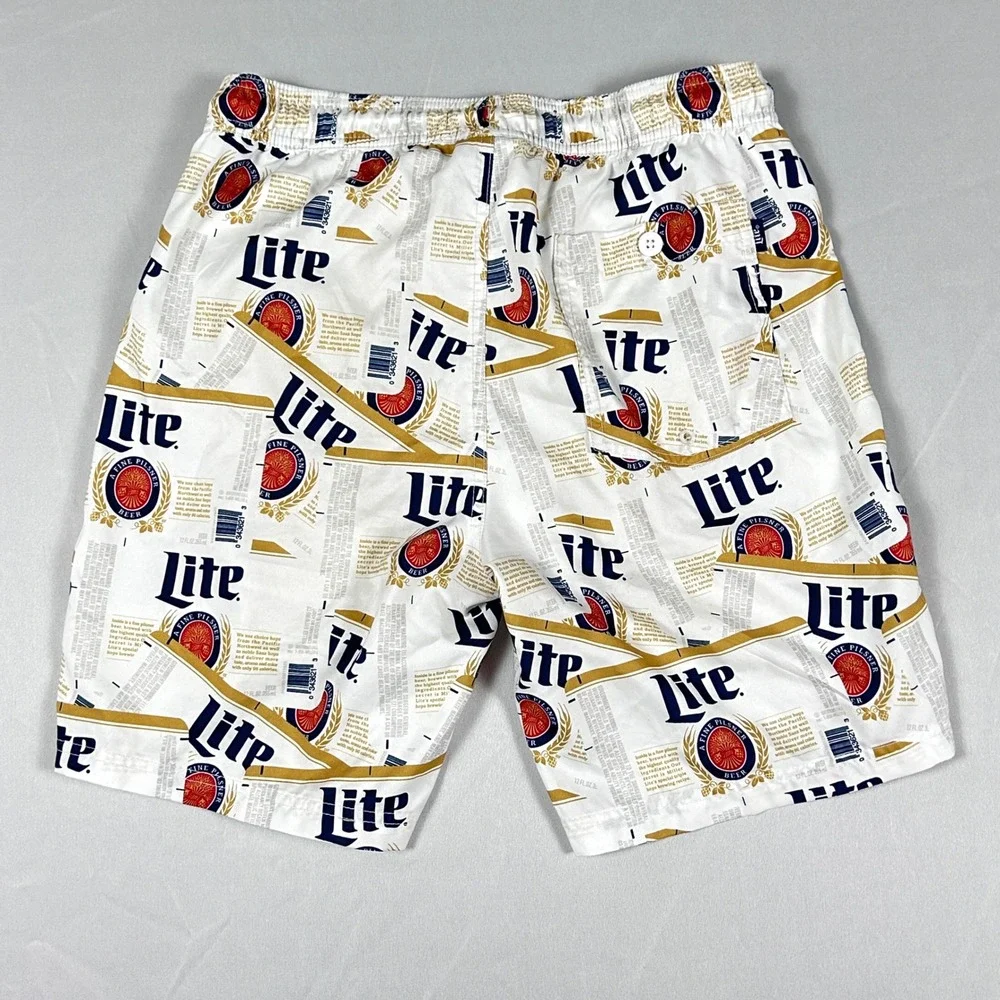 Miller Lite Beer Label Swim Trunks Men's Small White Logo Print Board Shorts